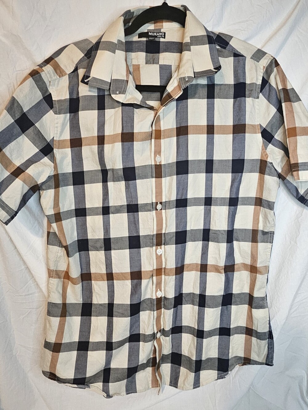 Murano Boys Short-Sleeve Plaid Button-Down Shirt in Cream, Navy & Brown